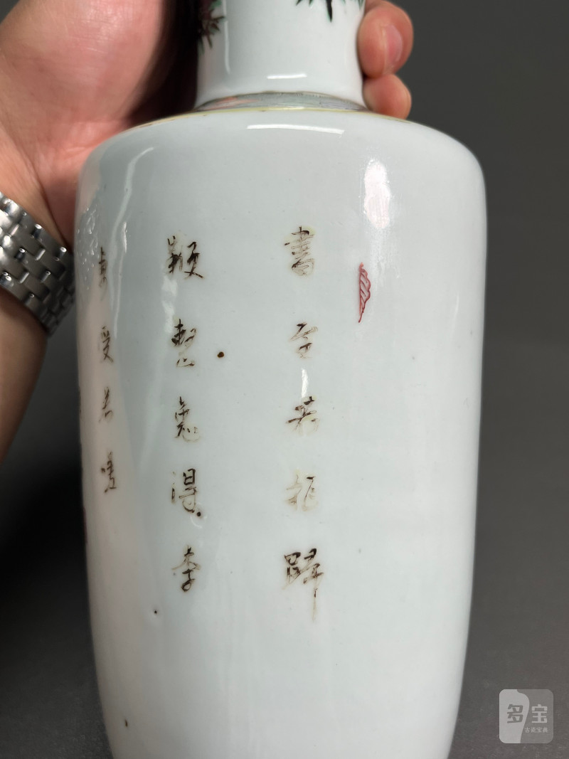 清康熙  五彩“苏武托书劝李陵”人物故事诗文图棒槌瓶 - 图13